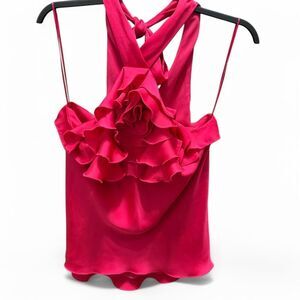 Hot pink ruffle blouse with adjustable criss cross strap, halter top style.
